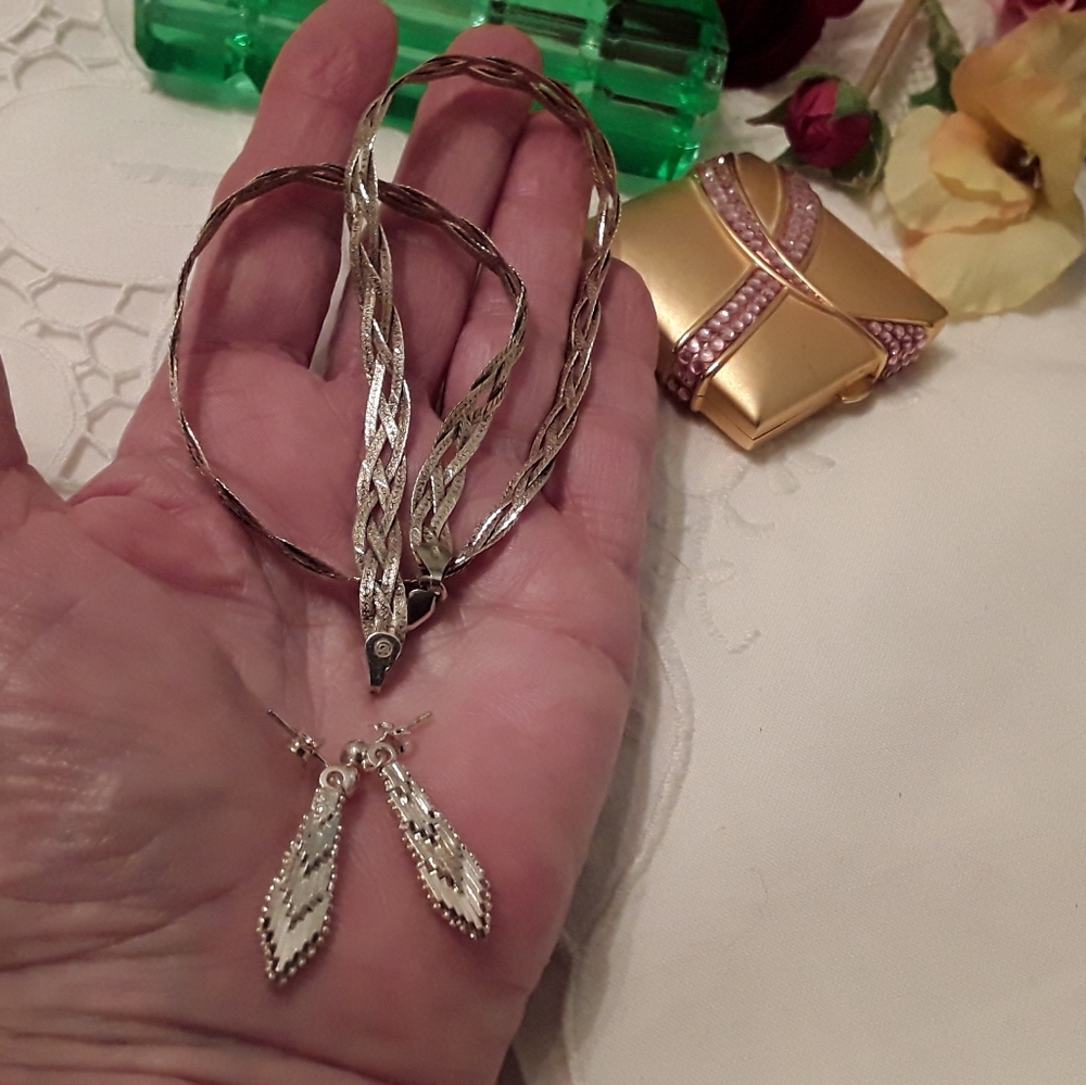 VTG. 925 STERLING VERMEIL HERRINGBONE NECK & EAR - Picture 2 of 8